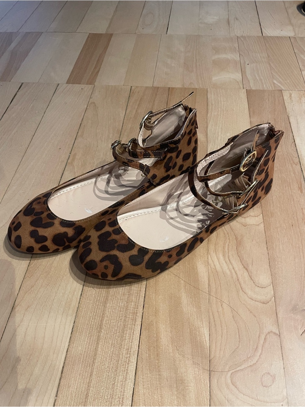Leopard Print Double-Ankle Strap Ballet Flats - Brown